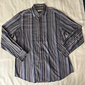 Bugatchi Uomo Shaped Fit Striped Long Sleeve Button Down - Blue & Tan Multi